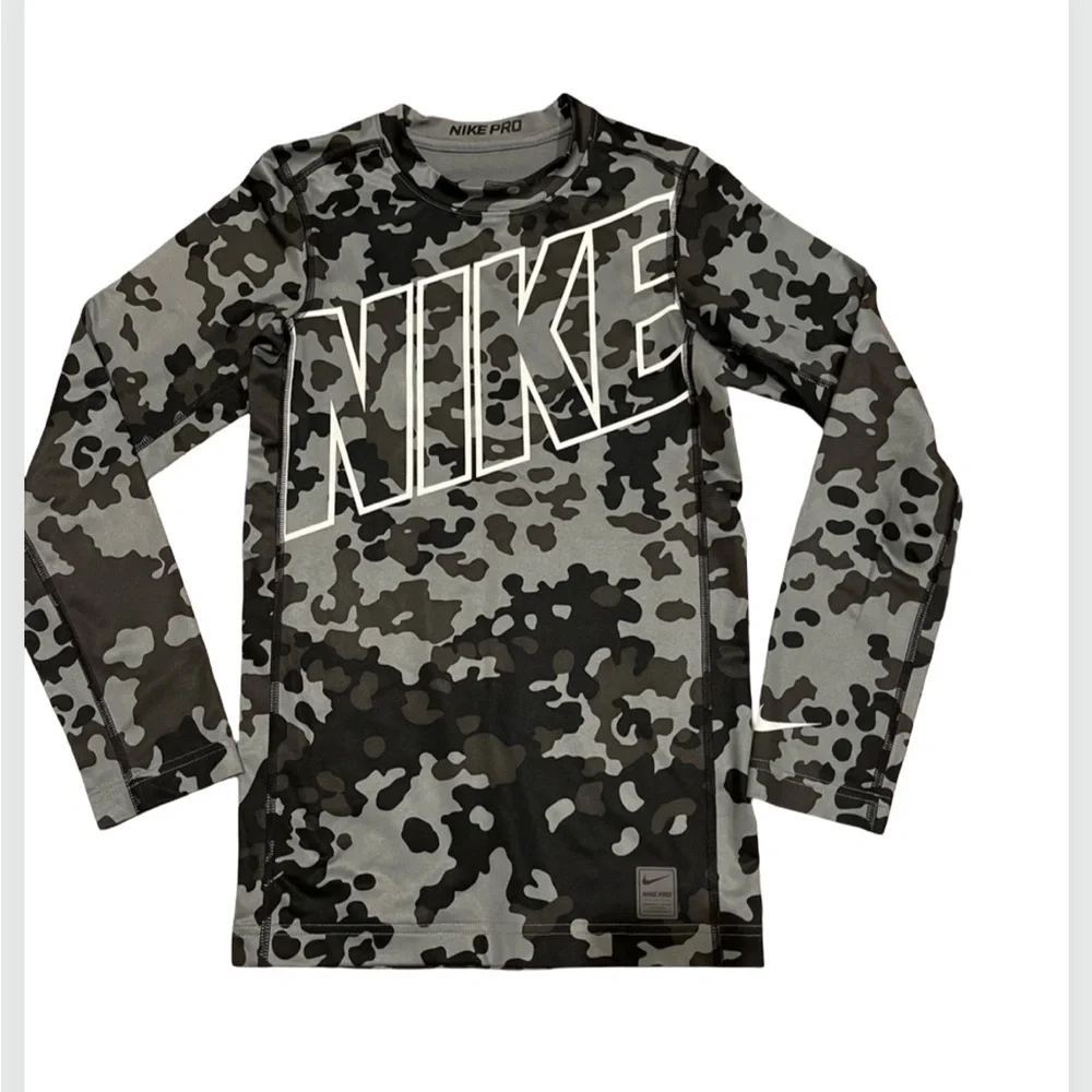Nike Pro Dri-FIT Boys XL Camo Compression Shirt Black Gray Long Sleeve